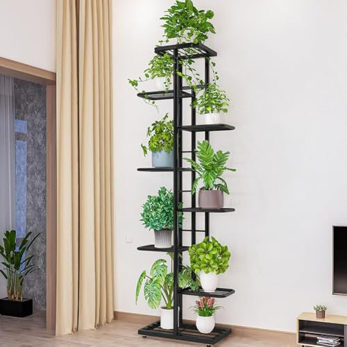 Hapihom Estantería para plantas, soporte para flores, soporte para plantas, estante para plantas de madera y metal, estantería moderna para plantas de interior, 8 niveles, 9 soportes para macetas