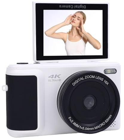 4K Digitalkamera für die Fotografie, 64MP HD -Autofokus -Vlogging -Kamera mit 2,8 Zoll 180 ° Flip -Bildschirm, 16 -Fach Digitaler Zoom, Anti -Shake, Kompakt für die Reise (White)