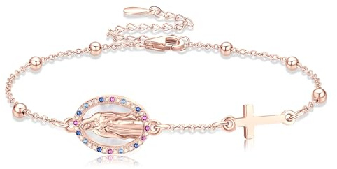 URONE Armband mit der Jungfrau Maria aus Sterlingsilber Rosenkranzperlen Kreuzanhänger Armband „Virgen de Guadalupe“ Christlicher Schmuck Geschenke für Damen