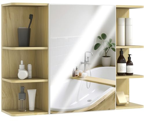 HOMCOM Mobile Bagno a Parete con Specchio e 6 Ripiani Aperti, Specchiera Bagno con Armadietto e 2 Ripiani Interni, 80x20x59 cm, Color Legno