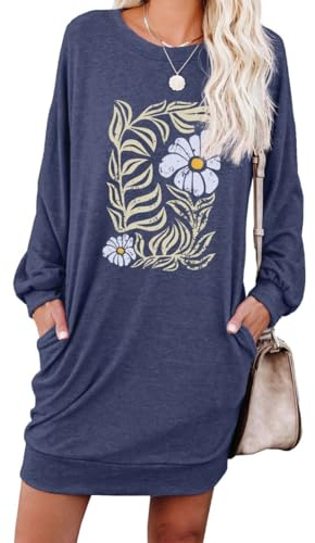 PrinStory - Abito da donna in pullover, abito casual con scollo rotondo, in felpa con tasche, XXL
