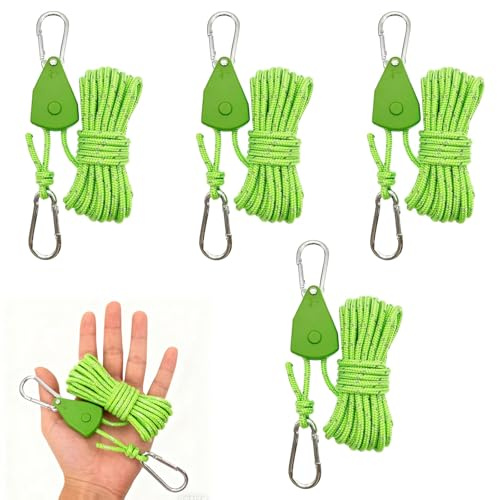 4 Pcs Reflective Tent Guy Ropes, 4mm & 4M Reflective Cord Tent Guy Ropes with Pulley, Adjustable Outdoor Tent Guide Rope Ratchet Hangers for Camping, Hiking, Awning, Grow Lights(Green)