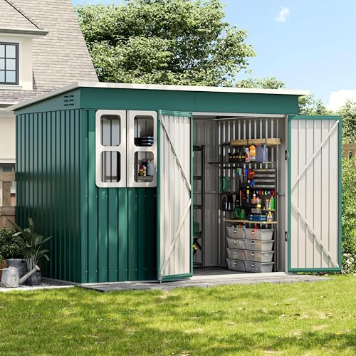 UDPATIO Gartenhaus Metall 260 x 176 x 190 cm mit Fenster, abschließbarer Tür und Belüftung, Fahrradgarage mit Pultdach, Geräteschuppen für Werkzeuge, Ausrüstung, Wasserdicht, Verzinkter Stahl, Grün