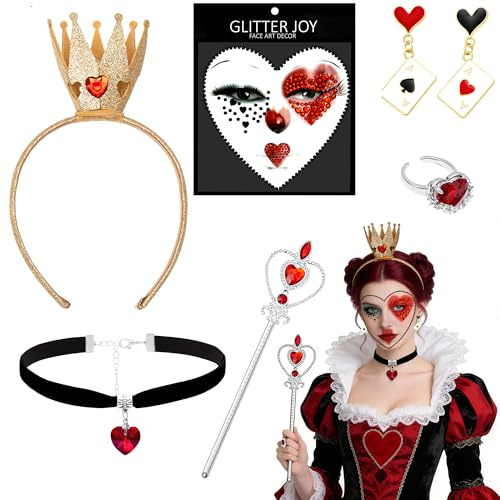 Tobriavor Herzkönigin Kostüm Damen Herz Königin Krone Haarreif Ohrringe Herz Halskette Gesichtstattoo Herzdame Kostüm Accessoires für Halloween Karneval Cosplay Party