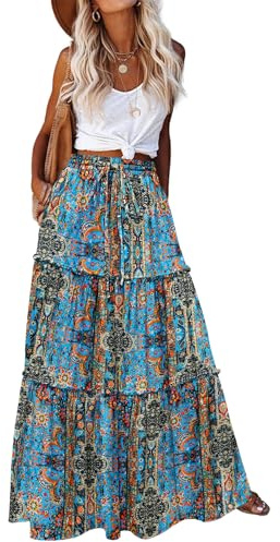 HOTOUCH Women's Skirts Elegant Maxi Skirts Elastic High Waist Long Skirt Summer Spring Floral Boho Skirts Casual A-Line Beach Skirt with Pockets Boho Paisley XL