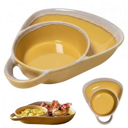 Comebachome 1Pcs Soup and Sandwich Bowls Combo, Heat-Resistant Soup and Sandwich Plate Combo Fan Shape Ceramic Split Cereal Bowl with Retro Handle Easy to Clean for Breakfast, Urlaubsdekor