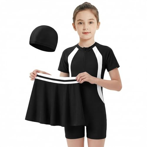 Baogaier Costume da Bagno Intero con Gonna da Mare per Bambine, 3in1 Costume Piscina con Cuffia a Maniche Corte, Abbigliamento da Nuoto per Surf, Spiaggia e Sport Acquatici, 8-9 Anni, Nero