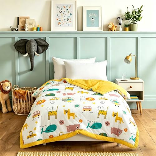 Odot Coverless Duvet Kids Toddler 2.5 Tog for Single, Summer Coverless Duvet No Cover Needed Lightweight Breathable Soft Cosy Cold Quilt Blanket for Boys and Girls (Zoo,120x150cm)