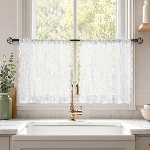 Scheibengardinen Bistrogardine - 2er Set 60x75cm Küchengardinen Weiß Halbtransparente Küchengardine Kurz Vorhang Modern Scheibengardine für Wohnwagen Landhausstil Bauernhaus Gardinen Lichtdurchlässig