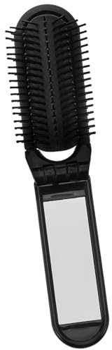 NIYANGLE Compact Folding Hair Brush with Mirror for Efficient Grooming, Portable Plastic and Glass Design, Sleek Black Style for Makeup and Hair on Occasion