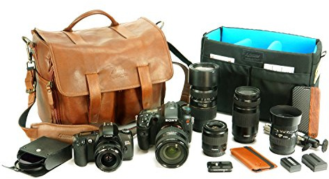 Sacoche pour appareil photo reflex numérique sans miroir professionnel en cuir Toscano fabriqué à la main en Italie avec pieds en métal et bandoulière antidérapante – 4 V Design – Marron