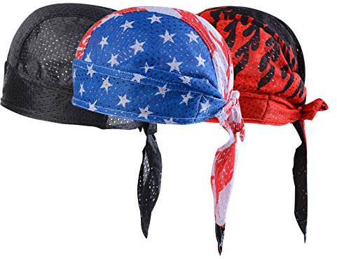 Vertvie 3 Stück Kopftuch Atmungsaktiv Sports Bandana Cap Bikertuch Bandanas Hat Radfahren Mütze Herren Damen (One Size, Schwarz + Flaggenprint + Flammendruck)