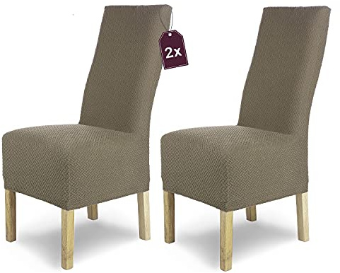 SCHEFFLER-Home Stuhlhussen Stretch Luna-Lang/Stuhlüberzug 2er Set Taupe/elastische Flanell Stuhlabdeckungen/Stuhlhussen Schwingstühle/Spann-Bezug Stuhl Überwurf als eleganter Schonbezug