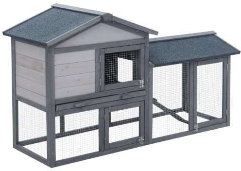 PawHut Clapier Cage à Lapins Rongeurs 2 Niveaux 147L x 54l x 84H cm Gris | Clapier Lapin Nain, 3 Portes Verrouillables, Tiroir à Déjection, Toit Intégral Bitumé, Bois Massif Pin