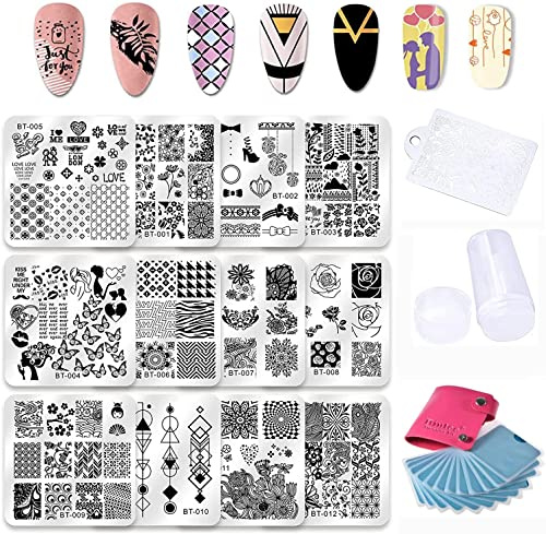 Biutee 12 PCS Round Nail Stamp Plates Kit,Geometric Patterns Nail Template for Nail Salon Designs Image Stamp Plates Manicure Templates Nail Art Tools (12)