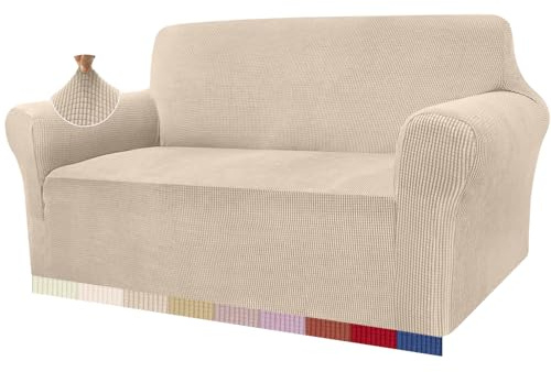 Granbest High Stretch Sofabezug Moderne Sofaüberwurf Jacquard Elastische Sofahusse für Wohnzimmer Protector für Hunde Haustiere (2 Sitzer, Beige)