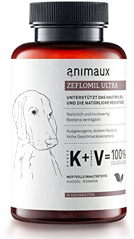 Haut- & Fell-Vital für Hunde, 60 Kautabletten mit Kokosöl & Rosmarin, zur Unterstützung des Hautmilieus & der natürlichen Widerstandskraft, mit hochwertigen Chelat-Spurenelementen, animaux Zeflomil