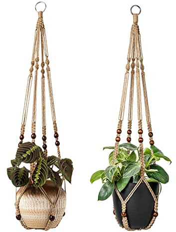 Makramee-Pflanzenhänger für den Innenbereich, 91,4 cm, hängender Pflanzkorb, Blumentopfhalter mit Perlen, ohne Quasten, Braun, 2 Packungen mit 4 Haken