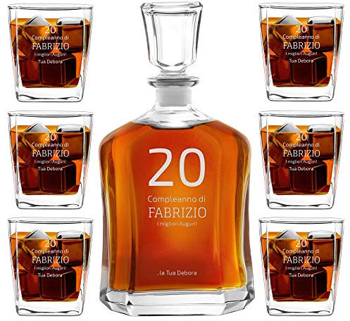 Maverton Set Decanter per Whisky in vetro - da 700 ml - incisione personalizzata - Caraffa + 6 bicchieri - idea regalo per il compleanno per l’ uomo - Compleanno