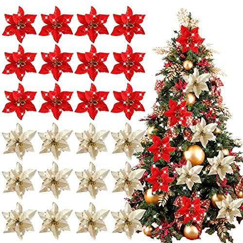 Chanurae 24 pcs Decorazioni Fiori Artificiali Natale Glitter Poinsettia Fiori Finti Ornamenti Alberi Natale per Addobbi Albero di Natale