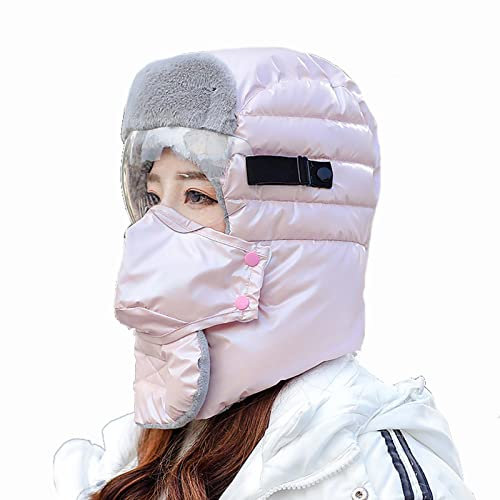 Winter Trappermütze für Damen, Winddicht Warm Wintermütze mit Ohrenklappen Thermo Bombermütze, Fliegermütze Trapper Hut Uschanka für Snowboarden Skaten Radfahren,Light pink,with Goggles