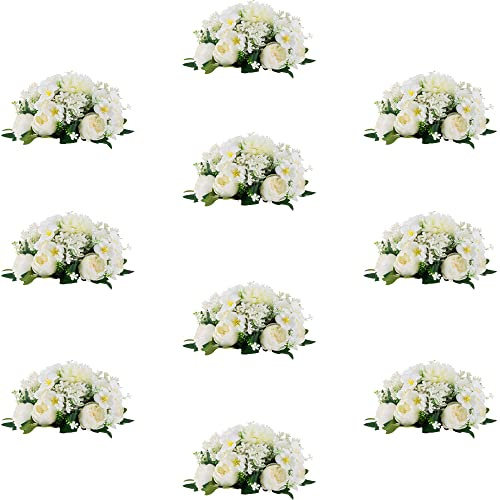 Inweder Künstliche Blumen für Hochzeitsdeko, Weiß Pfingstrose, 10 Stück | mit Basis, 20cm Durchmesser, Kunstseide, Blumenkugeln Dekorative für Tischdeko, Mittelstücke, Partys, Geburtstags, Wohnkultur