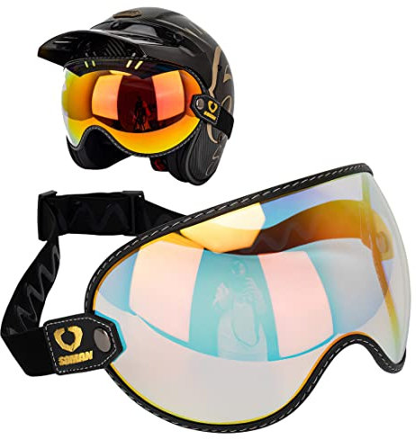 Retro Motorcycle Helmet Visor Bubble Shield, Goggles Lens with Elastic Universal For Cafe Racer Full 3/4 Open Face Motorbike Helmet (Revo Red)