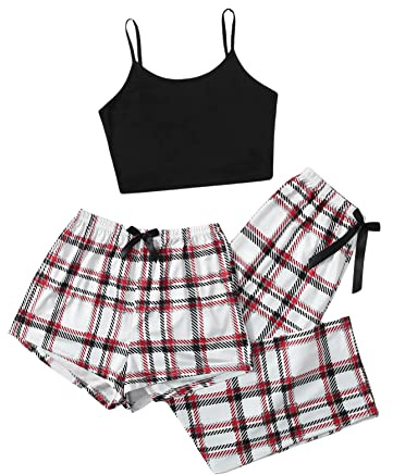 GORGLITTER Damen Schlafanzug 3er Set Cami Plaid Pajamas Nachtwäsche Schlafhose Kariert Hausanzug Weiß S