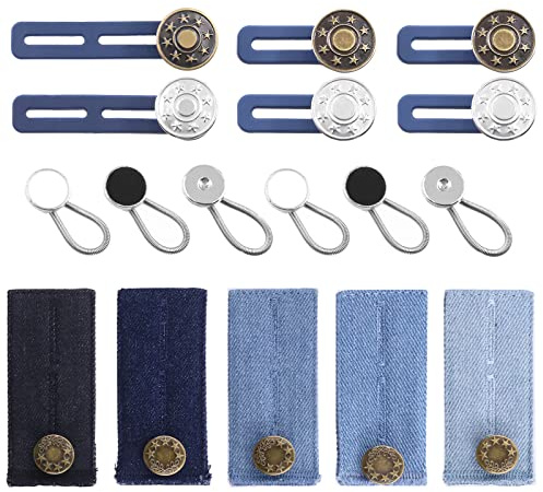 Rustark 17 Stück Denim Knopfverlängerung für Jeans Einstellbare Hosenerweiterung Knopf Set, Ohne Nähen Elastische Metall Kragen Knopfverlängerung Silikon Knopf für Hosen Jeans Hemdenkleider