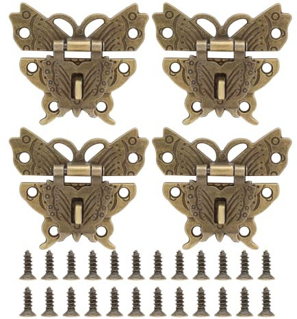 Cionyce 4 Pack Butterfly Hasp Jewelry Box Hasp Latch Antique Brass Hasp Lock Small Latches and Screws for Suitcase Cabinet（Antique Brass）