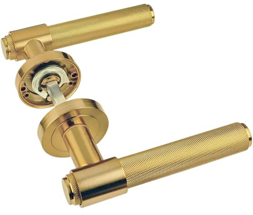 HANDLESTORE Knurled Lever on Rose Door Handles – Satin Brass Finish, Pair with Fixings – Modern Interior Door Handle Set