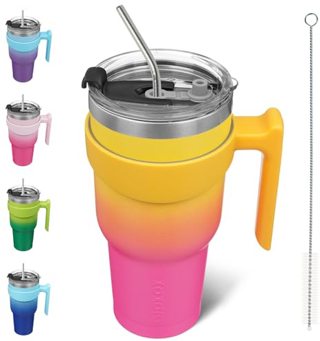 BJPKPK 40 oz Tumbler with Handle Stainless Steel Insulated Tumblers Mug with Lid and Straw Travel Coffee Cups for Women and Men,Pink Yellow Rose