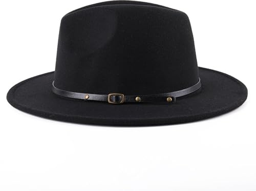 Cappello Fedora a tesa larga con fibbia in feltro Panama cappello nero classico da cowboy jazz cappello autunno inverno tiene al caldo cappello unisex retrò Trilby cappello per feste di nozze talent