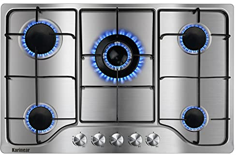 Karinear Gas Stove Cooktop 30 Inch 5 Burners, Built-in Stainless Steel Gas Hob, NG/LPG Dual Fuel Stovetop with Thermocouple Protection for Apartments, Indoor (Come with Pressure Regulator)