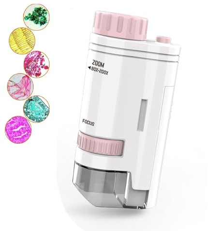 Mikroskop für Kinder, Taschenmikroskop Kinder mit LED Licht, Handmikroskop Kinder, Tragbares Mini Mikroskop, 80x-200x Kinder Studenten Bildungsgeschenke Mikroskop (B, Rosa)