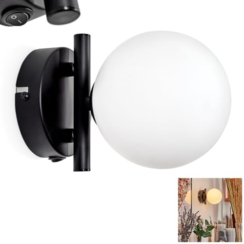 Wandleuchte Chehalis, Wandlampe aus Metall/Glas in Schwarz/Weiß, Leuchte im modernen Retro/Vintage-Design mit Schirm aus Glas (Ø 12 cm) u. An/-Auschalter am Gehäuse, 1 x G9, ohne Leuchtmittel