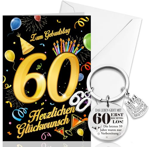 HOWAF Geburtstagskarte 60 Mann Frau, 60 Geburtstag Karte zum 60 Geburtstag Mann Karte 60 Geburtstag Frau Schlüsselanhänger, Geschenke 60 Geburtstag, Geschenke zum 60 Geburtstag, Schwarz Gold