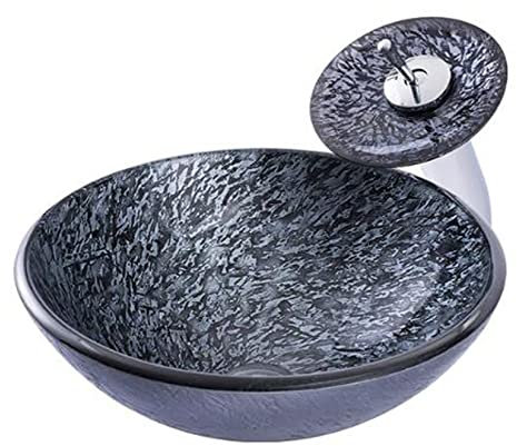 HDMOZUYT Badezimmer-Waschbecken im Retro-Stil, gehärtetes Glas, künstlerisches Waschbecken, Aufsatzwaschbecken, Waschtisch, Waschbeckenschale + Wasserfall-Wasserhahn-Set, B (A)