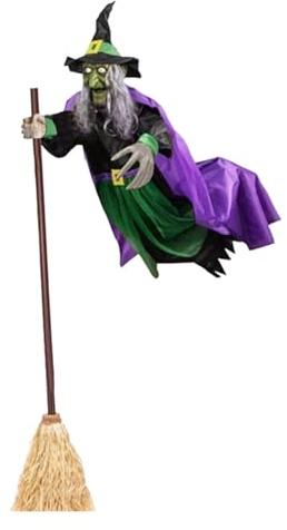 Halloween Hexe Fliegende Auf Besen, 180 cm Animatronic Flying Witch Mit Leuchtenden Augen Und Horror Sound, Witches Requisiten Für Deko Outdoor