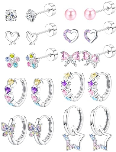 FIOROYAL 10 par platta creoler för kvinnor och flickor, allergivänliga kirurgiskt stål, silver, söta barnörhängen, rosa, färgglada CZ-creoler, för känsliga öron
