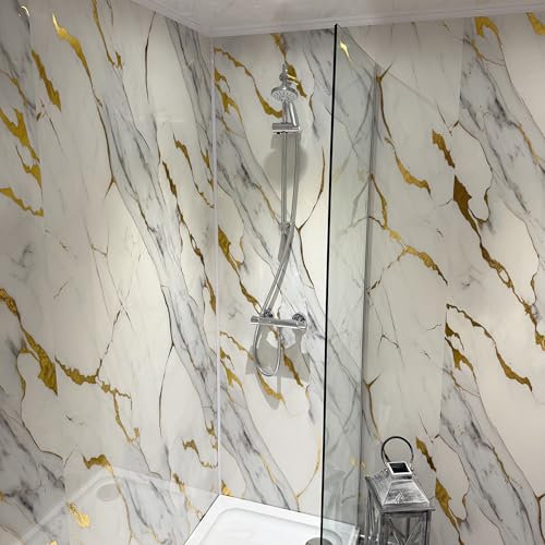 DBS White Gold Marble Gloss Shower Panel 1000mm Wide PVC Bathroom Wall Cladding 1m x 2.4m