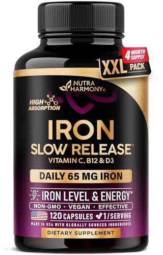 Iron Supplement for Women - Iron 65mg (Ferrous Sulfate 325mg) - Stomach Friendly | Slow Release Iron | High Absorption - Vitamins C, D3, B6, B12 & Folate - Iron Level & Energy Support - 120 Capsules