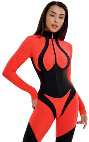 Bona Fide Workout-Overall für Damen - Sportlicher Jumpsuit mit Bauchkontrolle und Po-Lifting für Yoga und Fitness, Mistress Orange Neon, M
