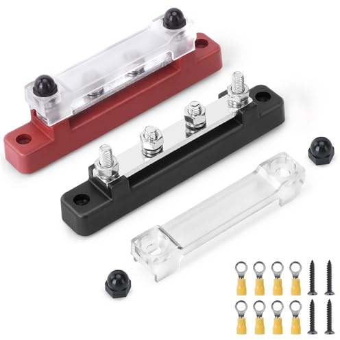 BOSYTRO 2 Pezzi Kit Distribuzione, Blocco di Distribuzione 12V-48V DC 150A Busbar Morsettiera Elettrica, Bus Bar 12V con 2X M6 Terminale a Bolts per RV Auto Camion Camper Barca (Rosso, Nero)