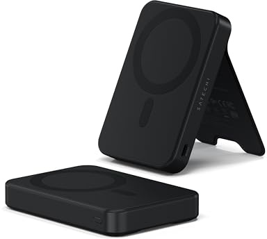 SATECHI OntheGo™ Qi2 Powerbank, 10.000 mAh, Ständer, Schwarz | 15 W-MagSafe-Schnellladen, kompakt und magnetisch, für iPhone-Modelle 12–17 und kompatible Android-Geräte