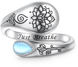 Just Breathe Lotus Ring for Women 925 Sterling Silver Adjustable Lotus Flower Moonstone Open Ring Inspirational Jewelry Gift for Women Men