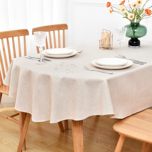 NEWISHER Farmhouse Water Resistant Oval Tablecloth 153x215 cm (60x84 inch), Faux Linen Table Cloth Wipe Clean, Washable Table Cover for Kitchen Dining, Party, Banquet Indoor Outdoor (Neutral)
