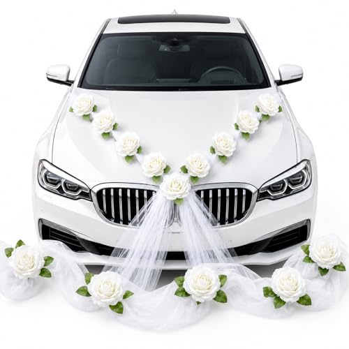 Hochzeitsauto Dekoration – 9 Stück weiße Rosen mit Saugnapf, einfach zu installieren, wiederverwendbar – Perfekt für Hochzeit, Heiratsantrag, Jubiläum
