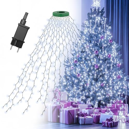 Gcstnn Lichterkette Weihnachtsbaum, 2M 400er LED Christbaumbeleuchtung mit Ring und 16 Girlanden, Timer, Wasserdicht für 1.5-2.5M Tannenbaum Weihnachtsdeko Außen Innen, Kaltweiß