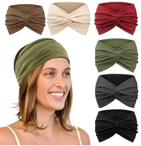 Culinavog 6 Pcs Bandeau Cheveux Femme, Large Headband Bohème Élastique avec Noeud, Antidérapant Serre-Tête Doux, Accessoires Cheveux Multicolores pour Yoga, Sport, Quotidien